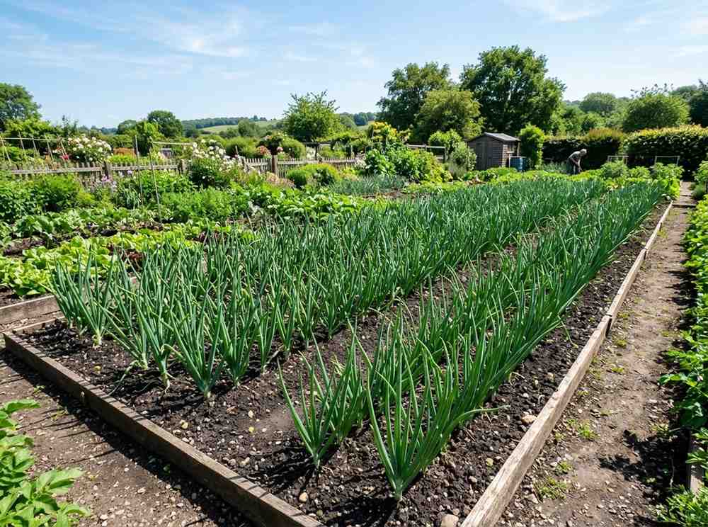How to Grow Big Onions showing healthy onion bulbs growing in rich soil