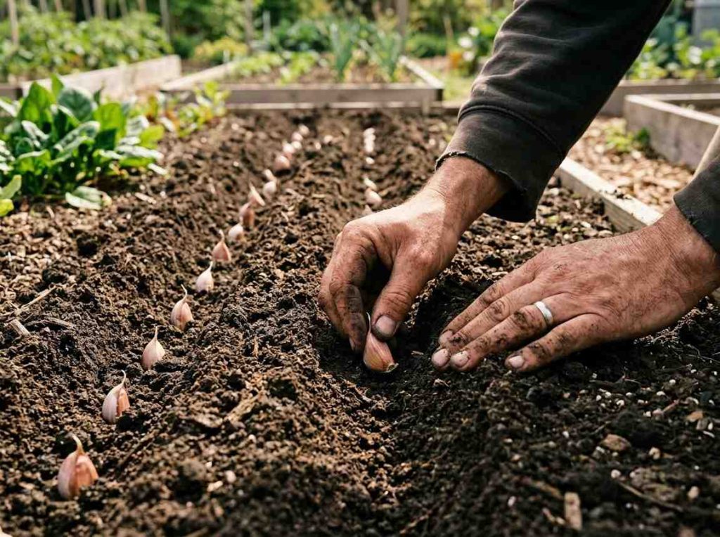 How to Grow Garlic showing cloves planted in garden soil