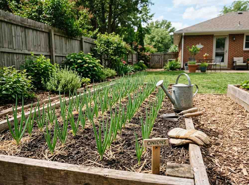 How to Grow Onions at Home showing healthy green onion shoots