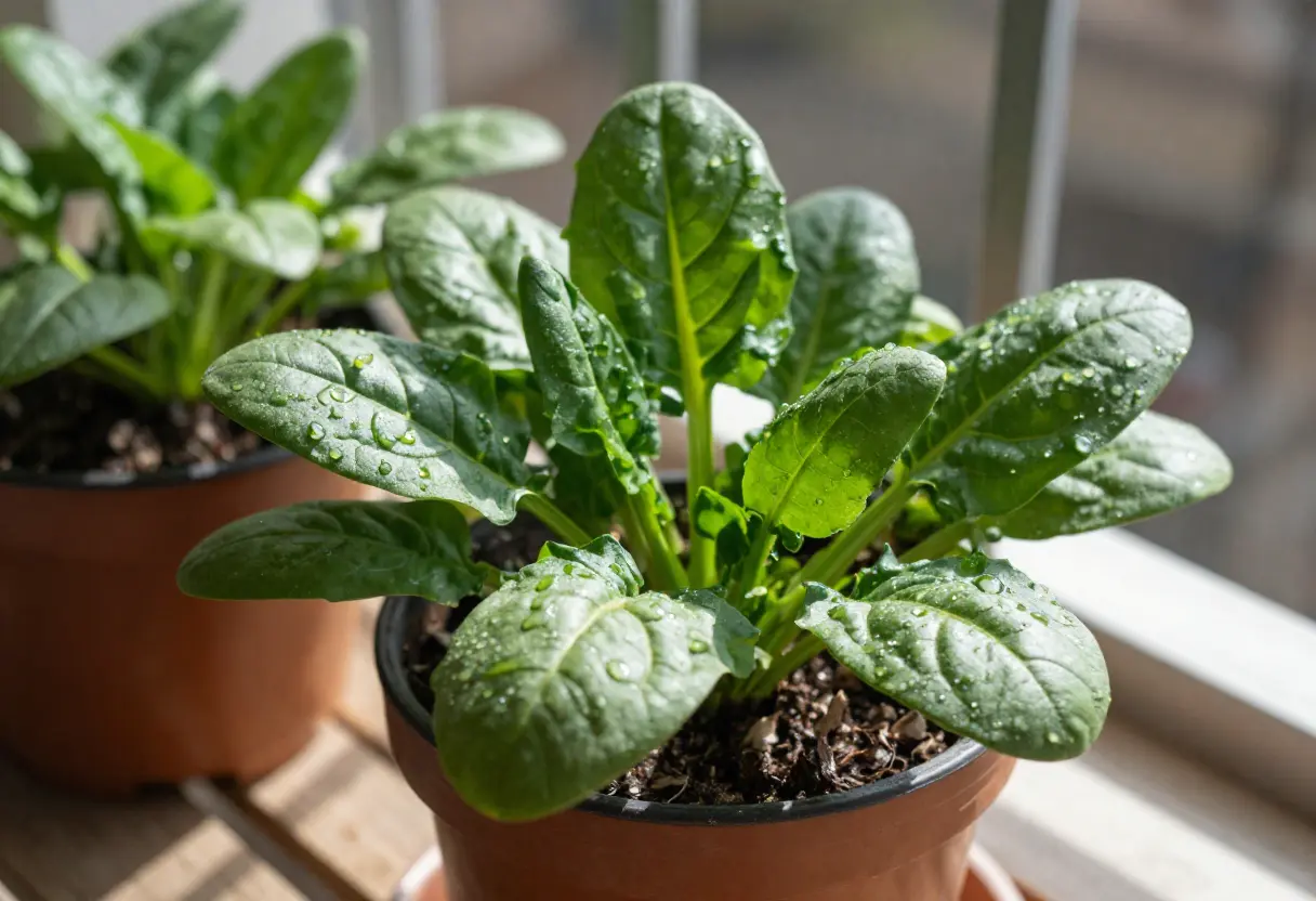 How to Grow Spinach in a Pot showing healthy green leaves growth