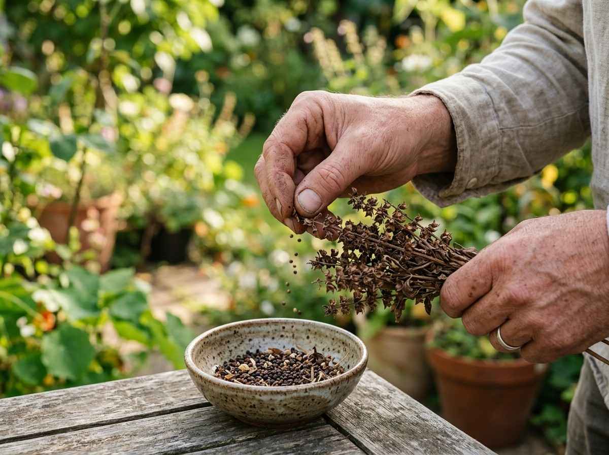 How to Harvest Basil Seeds showing dried flower spikes ready for collection