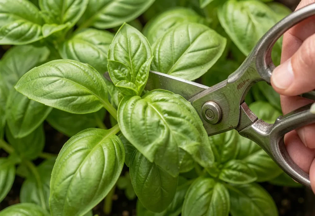 How to Pick Basil showing proper technique for harvesting fresh leaves