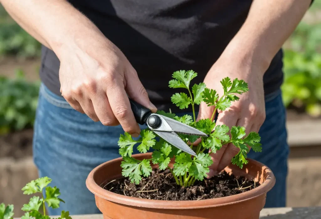 How to Prune Parsley showing proper cutting of outer stems for regrowth
