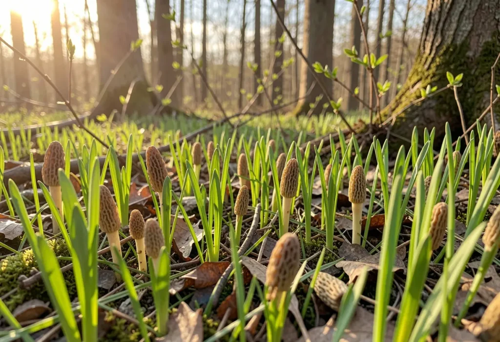 Missouri Morel Mushroom Season showing fresh morels growing in forest floor