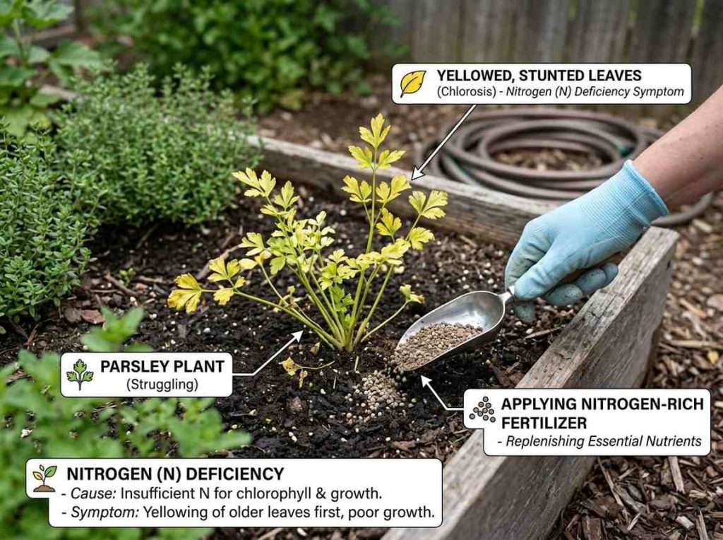 Parsley Leaves Turning Yellow with signs of nutrient deficiency