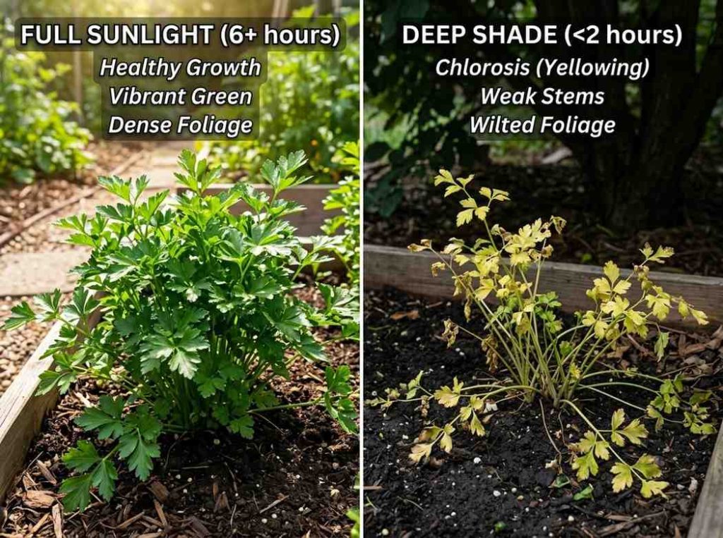 Parsley Leaves Turning Yellow in a home garden pot with weak growth