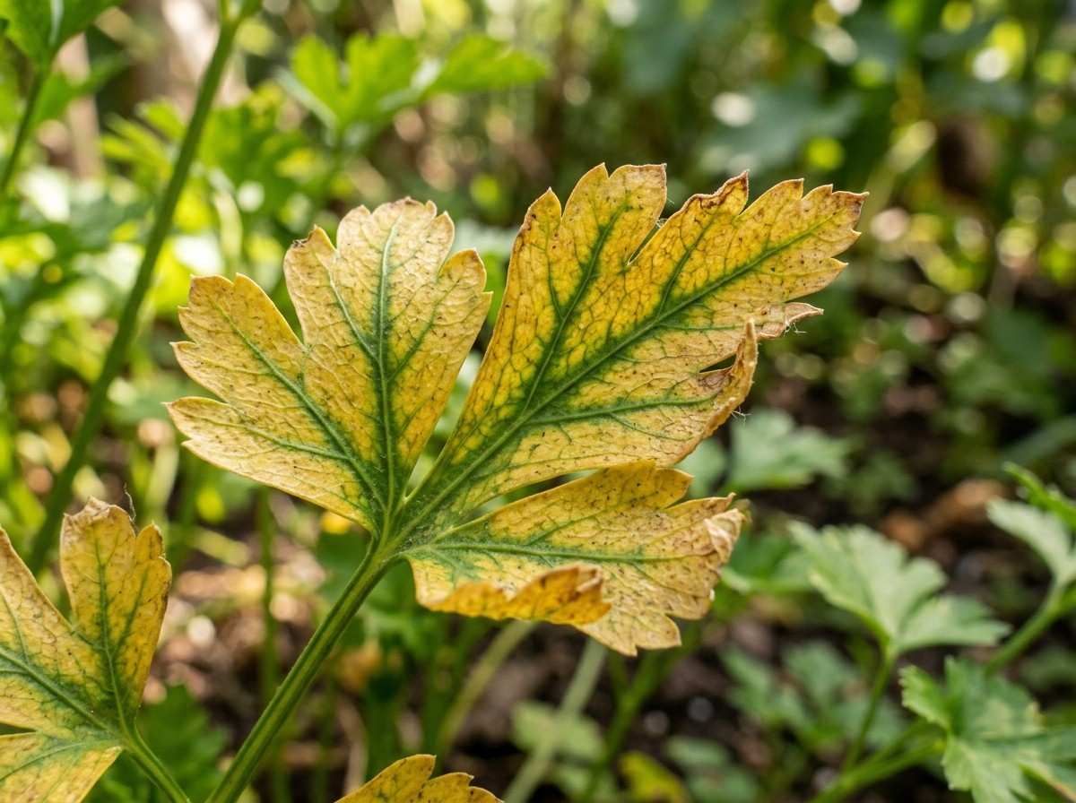 Parsley Leaves Turning Yellow showing discolored leaves on herb plant