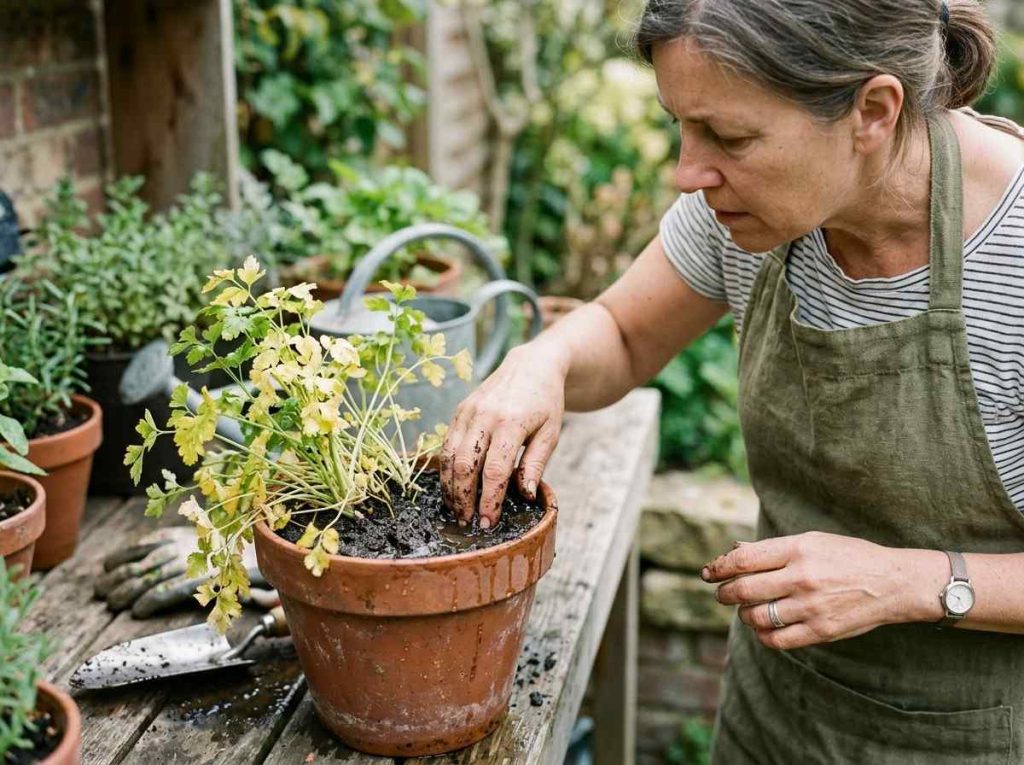 Parsley Leaves Turning Yellow due to overwatering or poor drainage