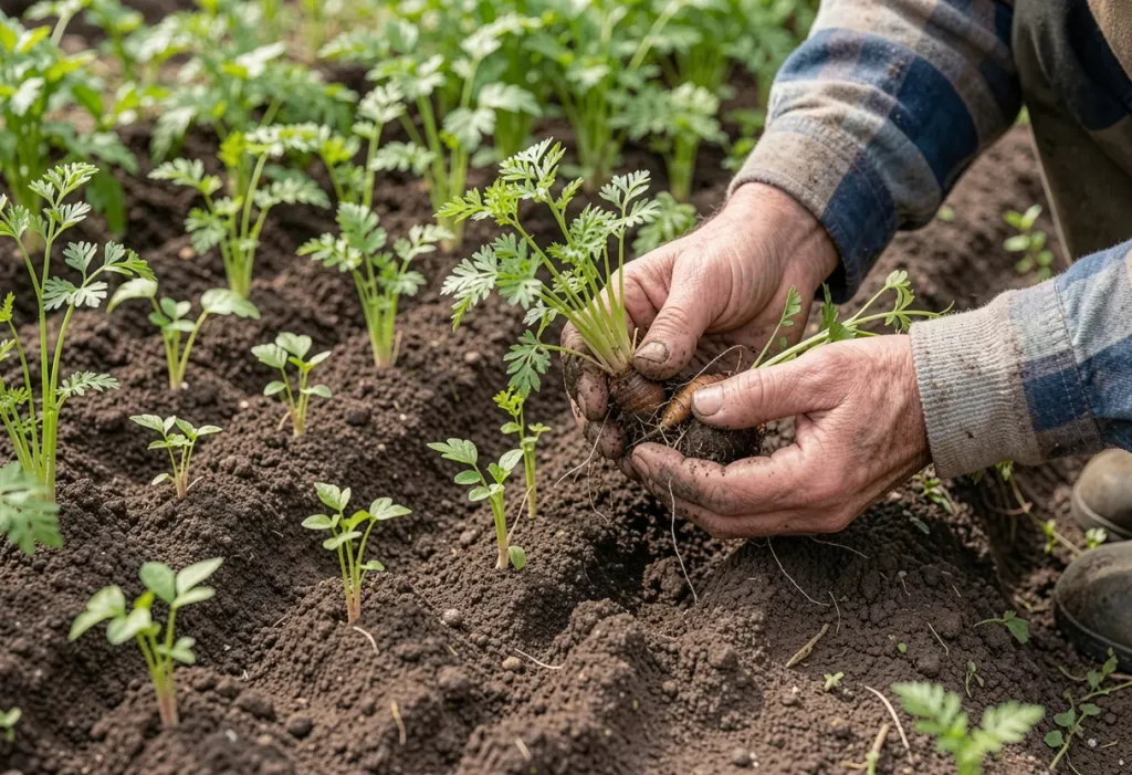 Planting Carrots from Seedlings in a home vegetable garden soil bed
