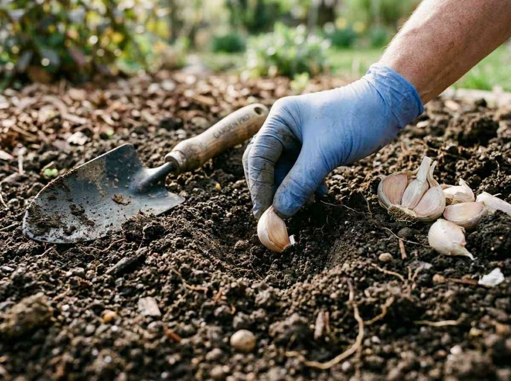 Planting Garlic in Spring showing cloves placed in garden soil