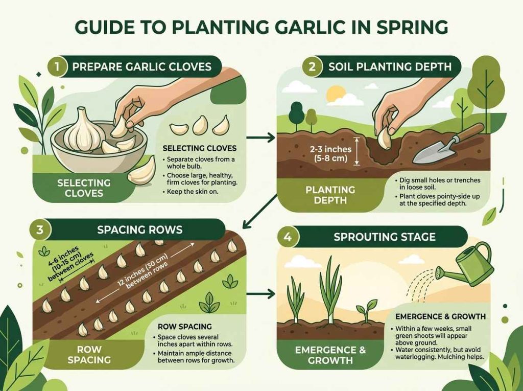 Planting Garlic in Spring in raised beds for strong root development