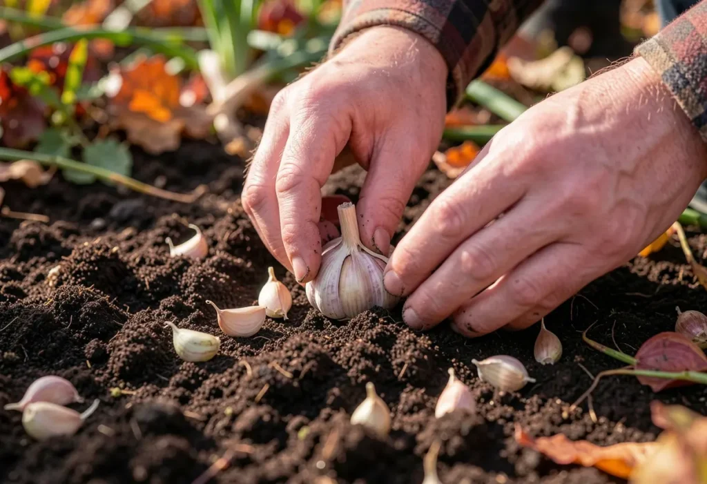 Planting Garlic in the Fall showing correct spacing between garlic cloves
