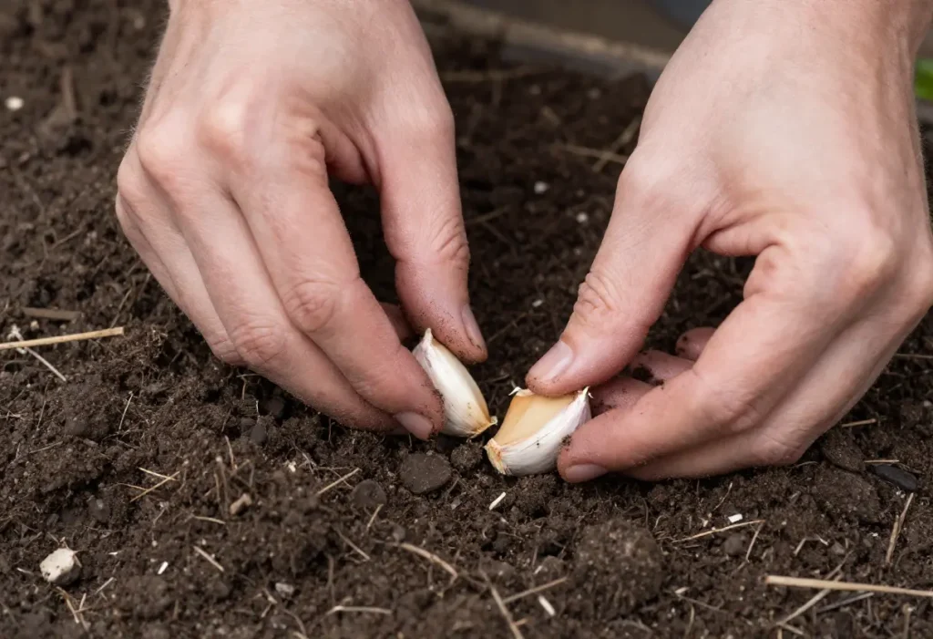 Planting Garlic in the Fall in a garden bed with proper soil preparation