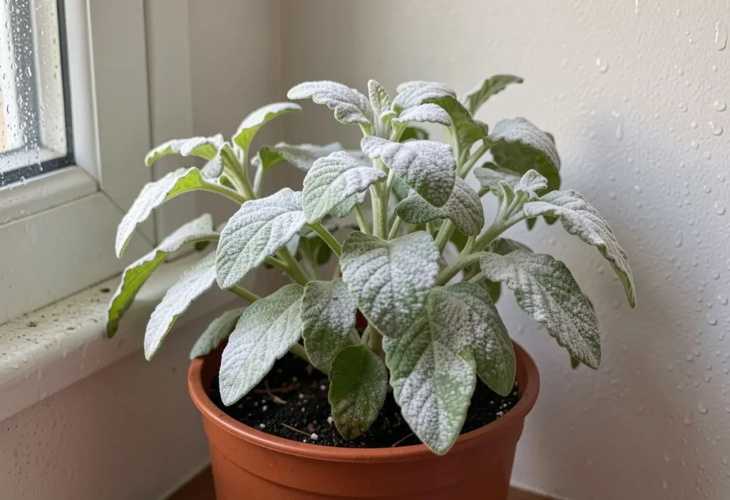 Powdery Mildew on Pot Plants causing leaf damage and reduced growth