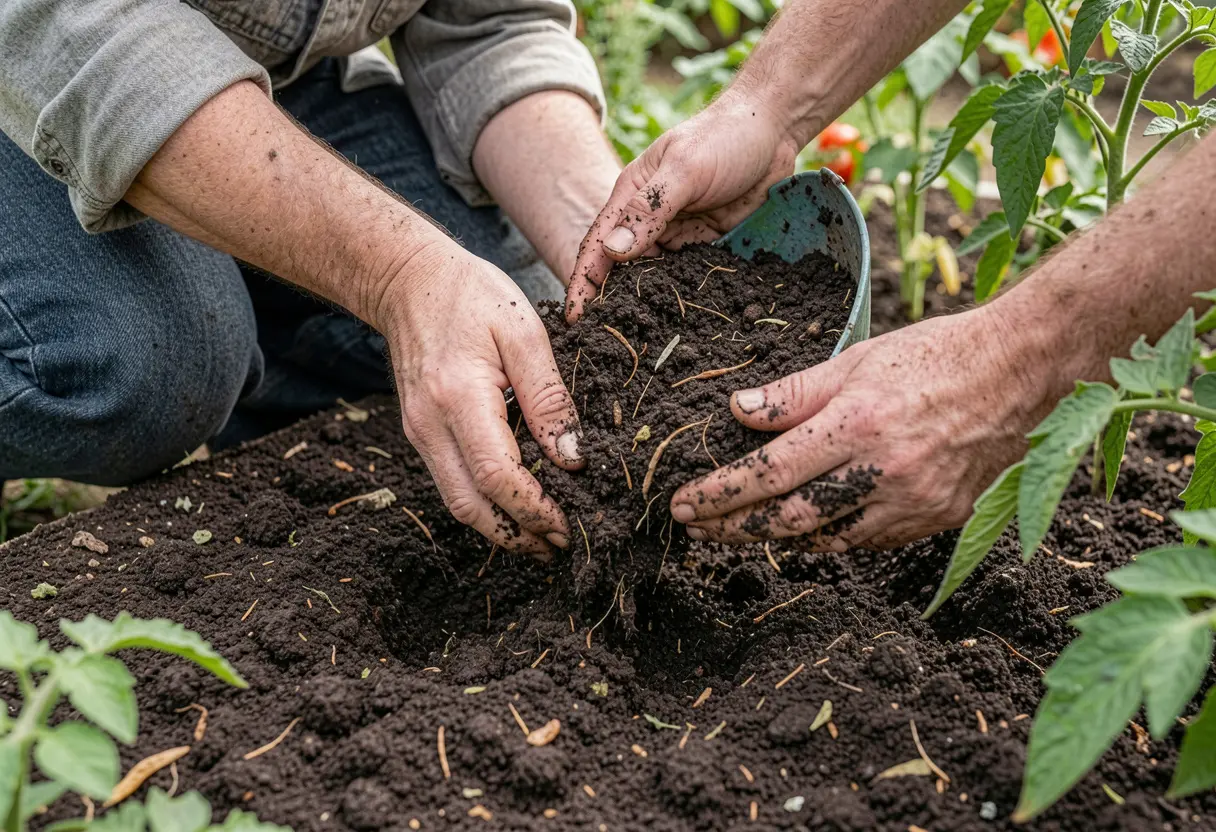Preparing Soil for Tomatoes with compost and organic matter in garden bed