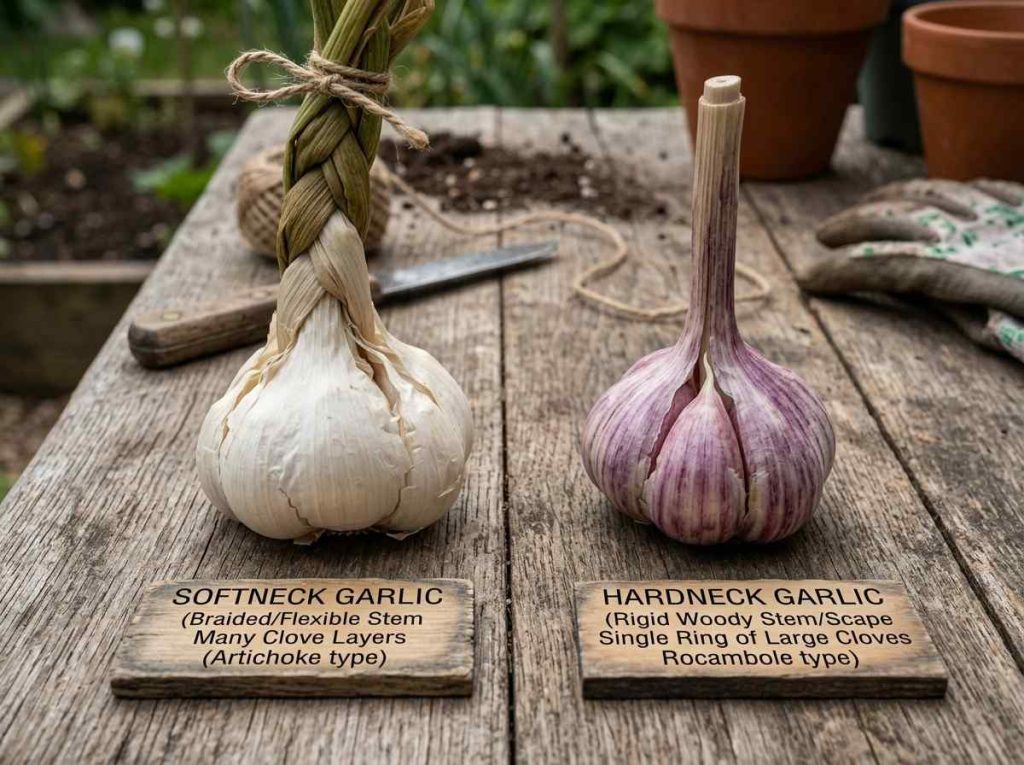 Soft Neck Garlic Vs Hardneck Garlic comparison in home gardening setup