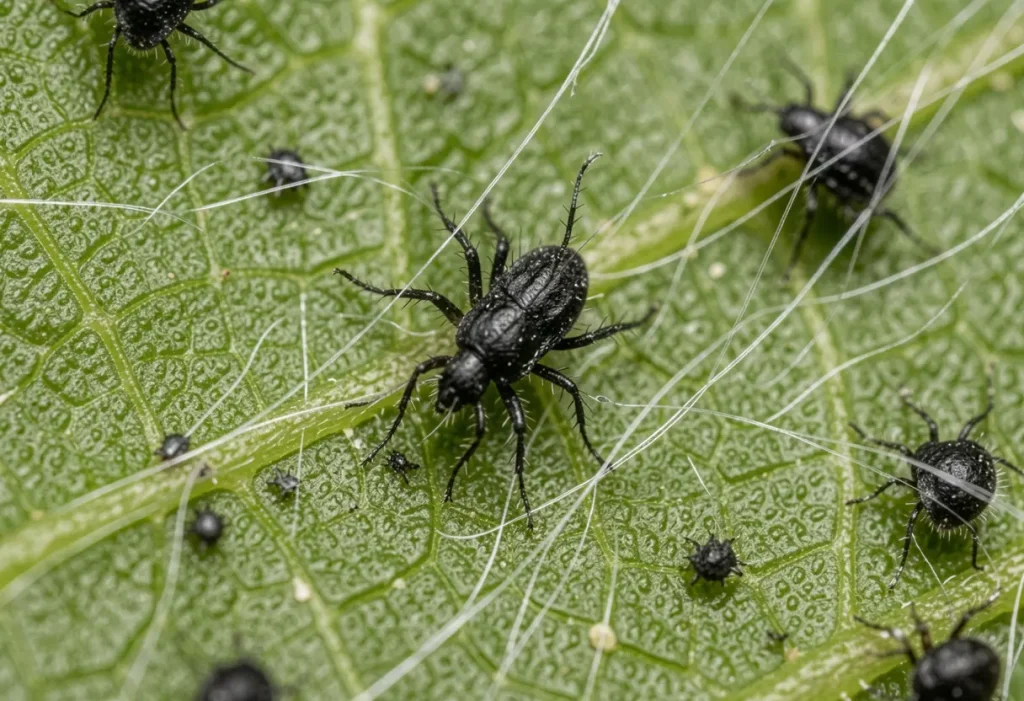 Close up of Spider Mite Tiny Black Bugs on Plants under leaf underside