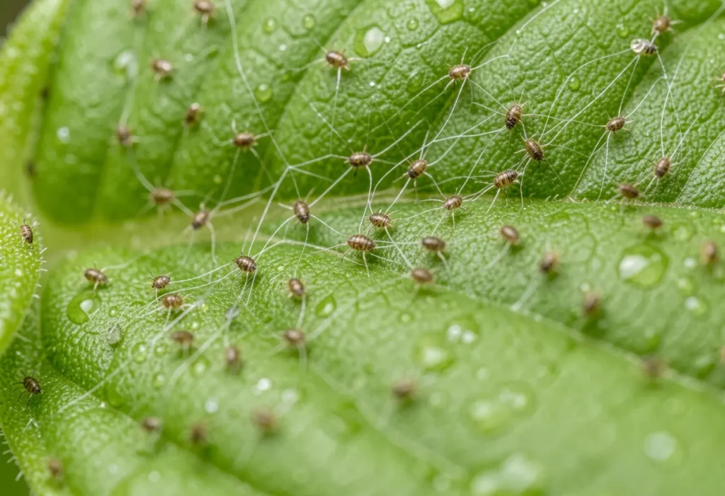 Spider Mites on Basil visible on leaves causing damage and discoloration
