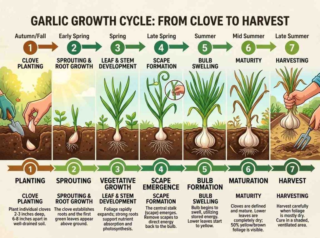 Stages of Garlic Growth from clove planting to harvest stage
