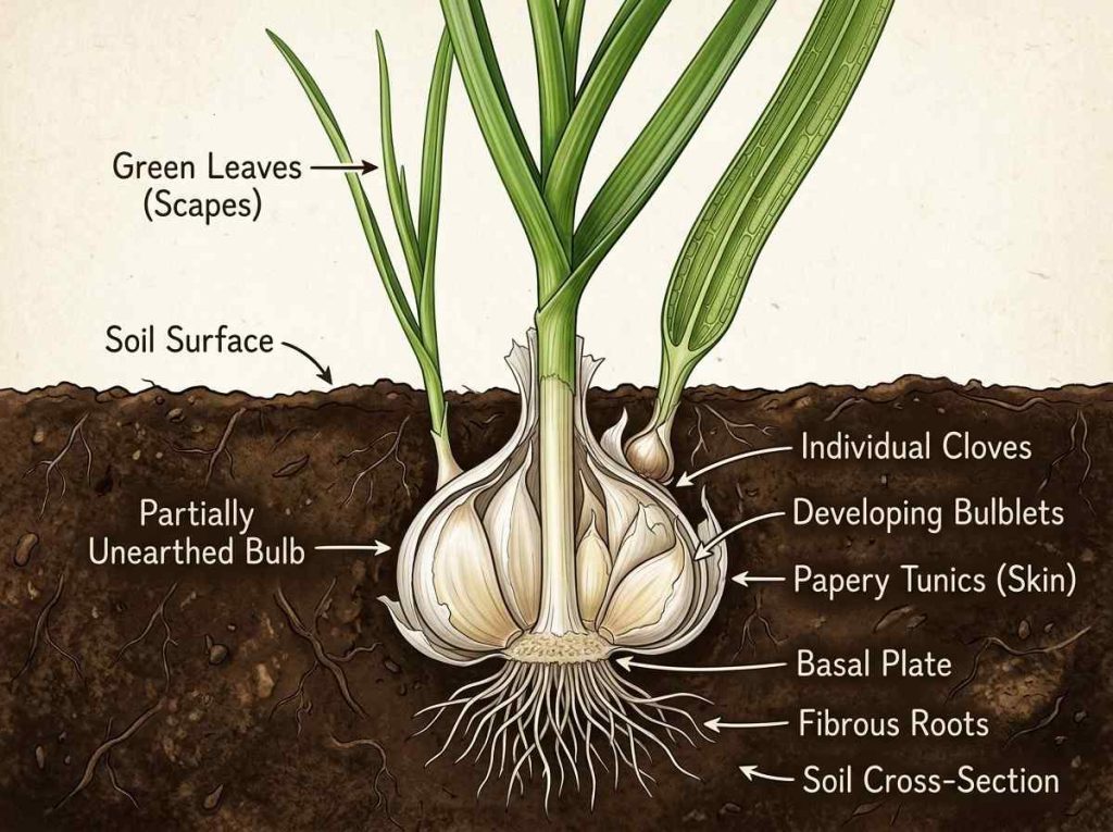 Stages of Garlic Growth illustrating complete garlic life cycle