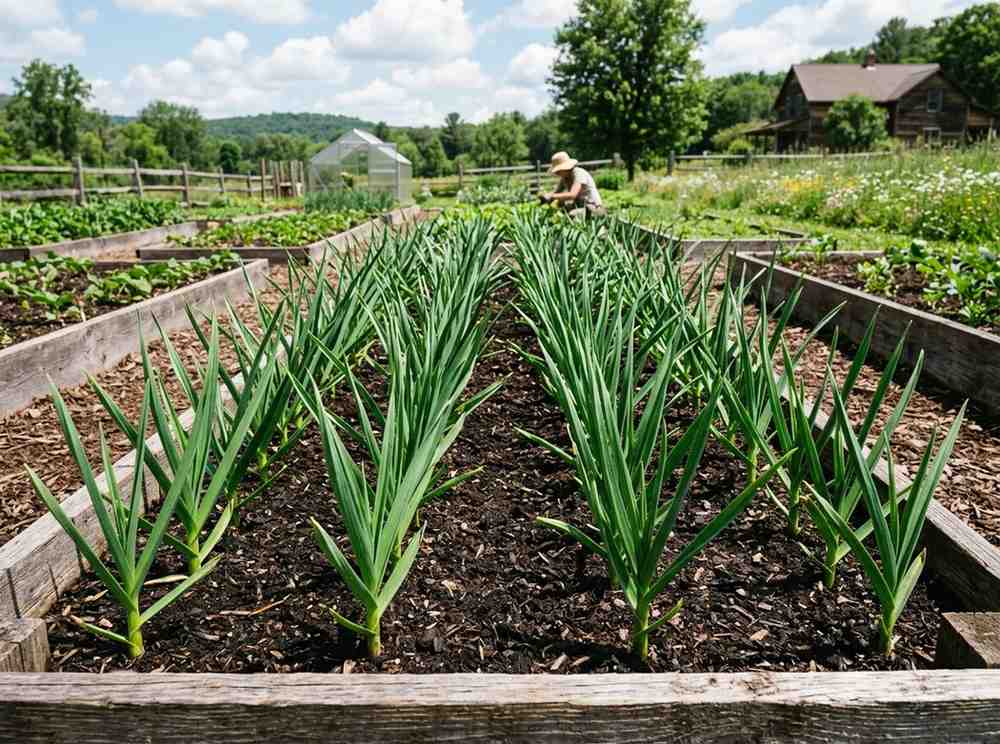 Stages of Garlic Growth with green shoots and bulb formation