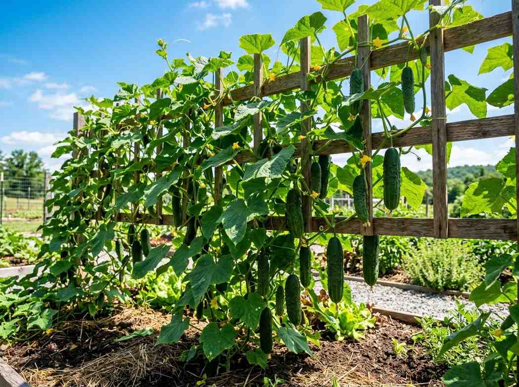 Sunlight Requirements for Cucumber Plants showing vines growing under full sun