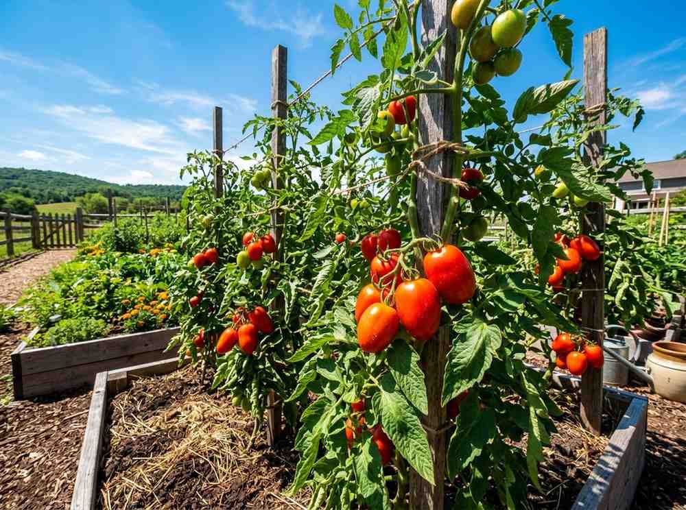 Sunlight Requirements for Tomatoes showing plants growing under full sun