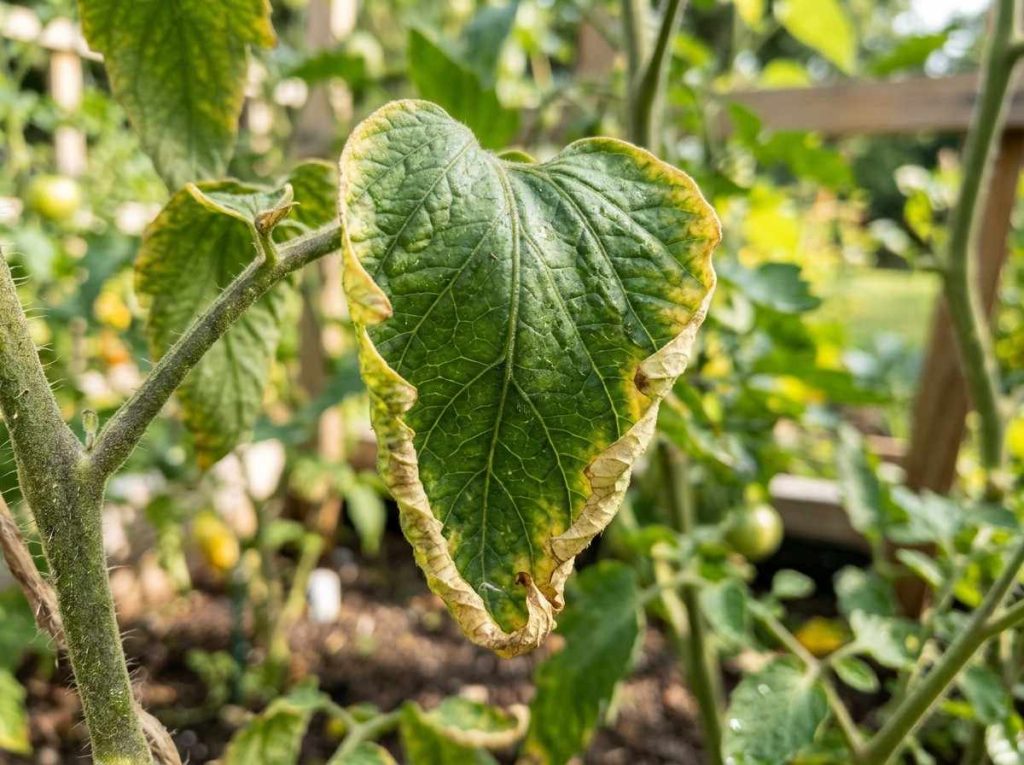 Tomato Plant Leaves Curling And Yellowing showing stressed tomato plant in garden