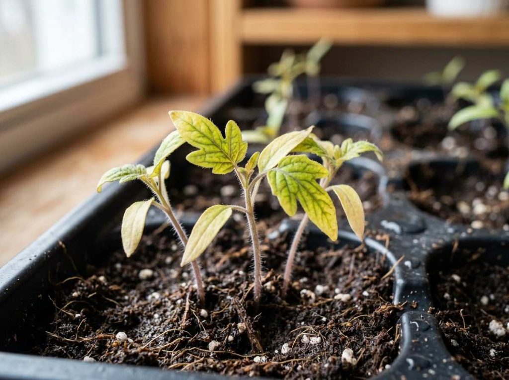 Tomato Seedlings Yellow Leaves showing early signs of plant stress
