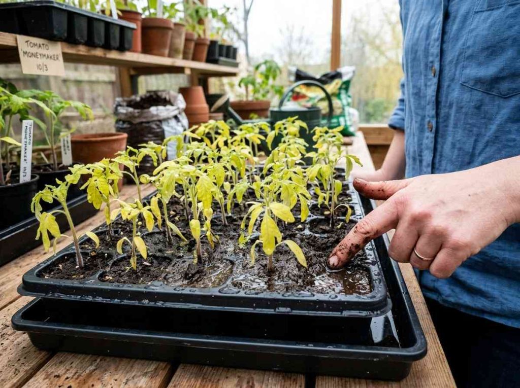 Tomato Seedlings Yellow Leaves due to overwatering in seed trays