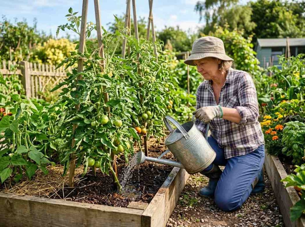 Watering Tips for Tomatoes showing proper deep watering technique in garden