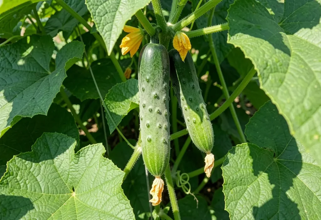 When to Harvest Burpless Cucumbers showing mature cucumbers on the vine