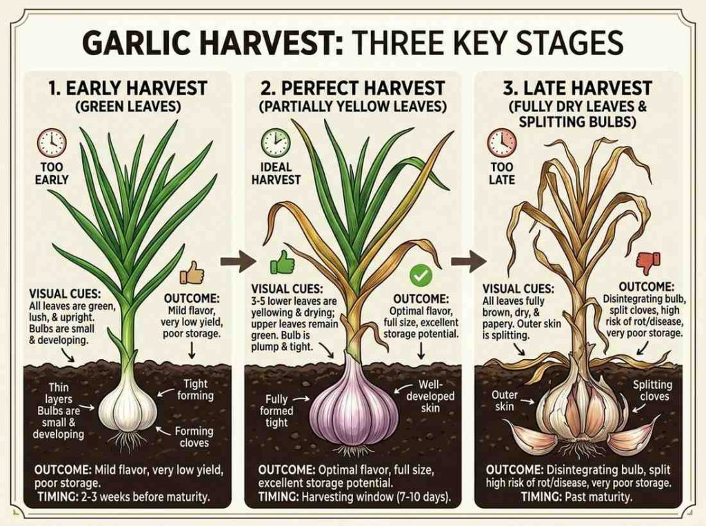 When to Pick Garlic with dried lower leaves indicating readiness