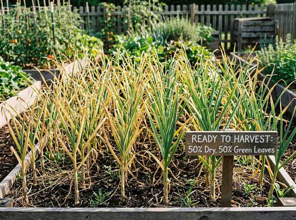 When to Pick Garlic showing mature bulbs ready for harvest in garden