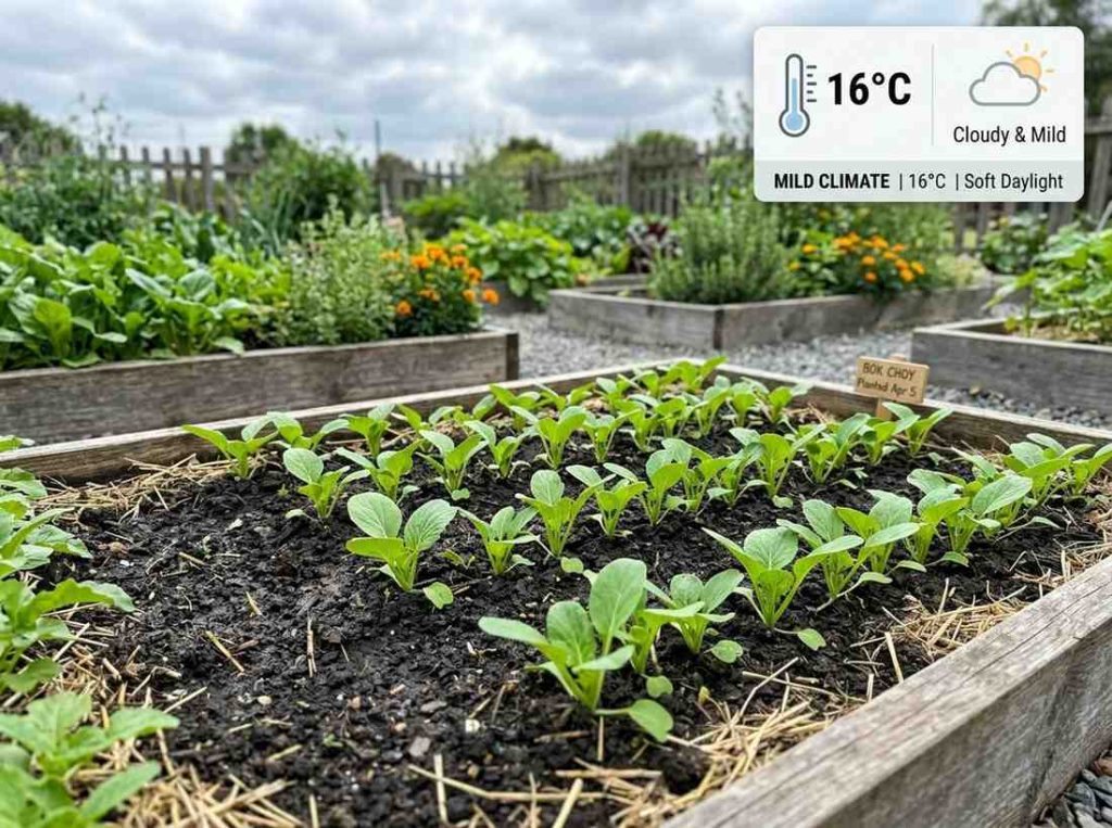 When to Plant Bok Choy showing seedlings planted in cool season garden