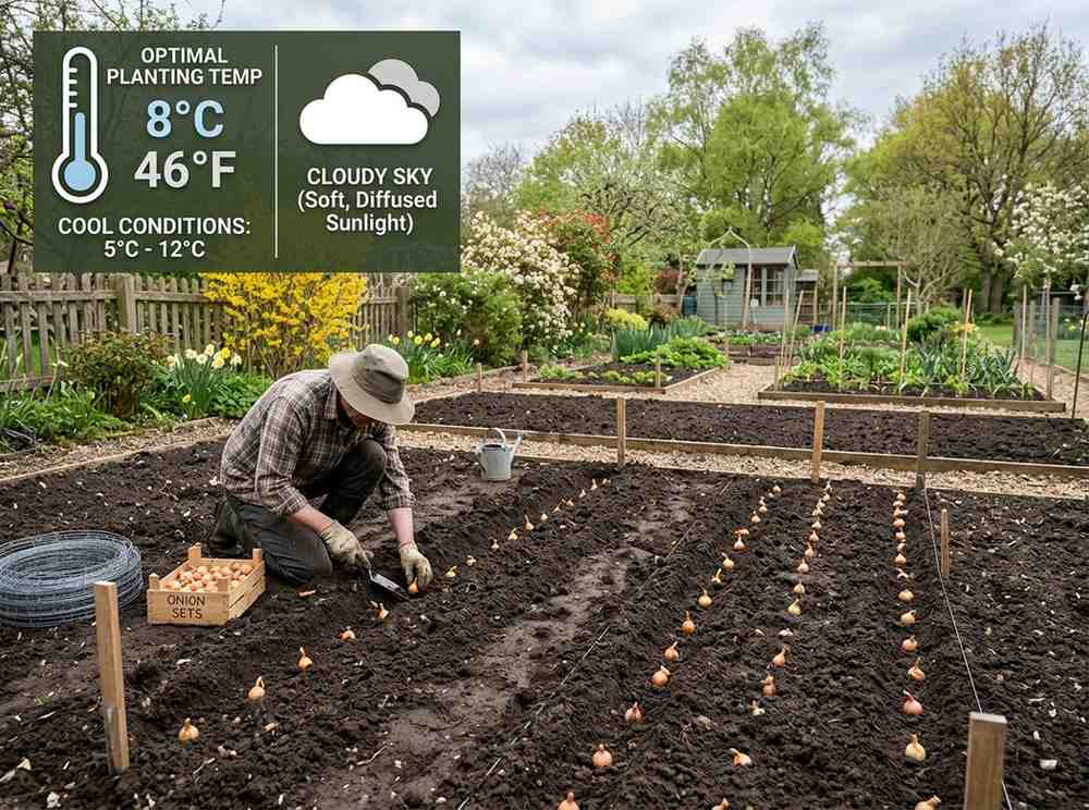 When to Plant Onion Bulbs showing bulbs placed in prepared garden soil