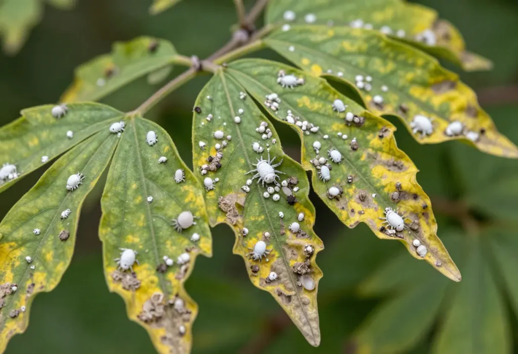 White Spider Mites on Plants visible under leaves causing plant damage