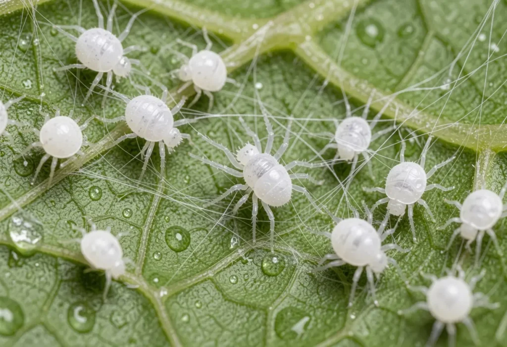 White Spider Mites on Plants showing infestation on green leaf surfaces