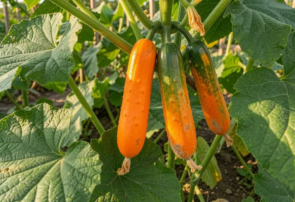Why are My Cucumbers Orange showing overripe cucumber turning orange on vine