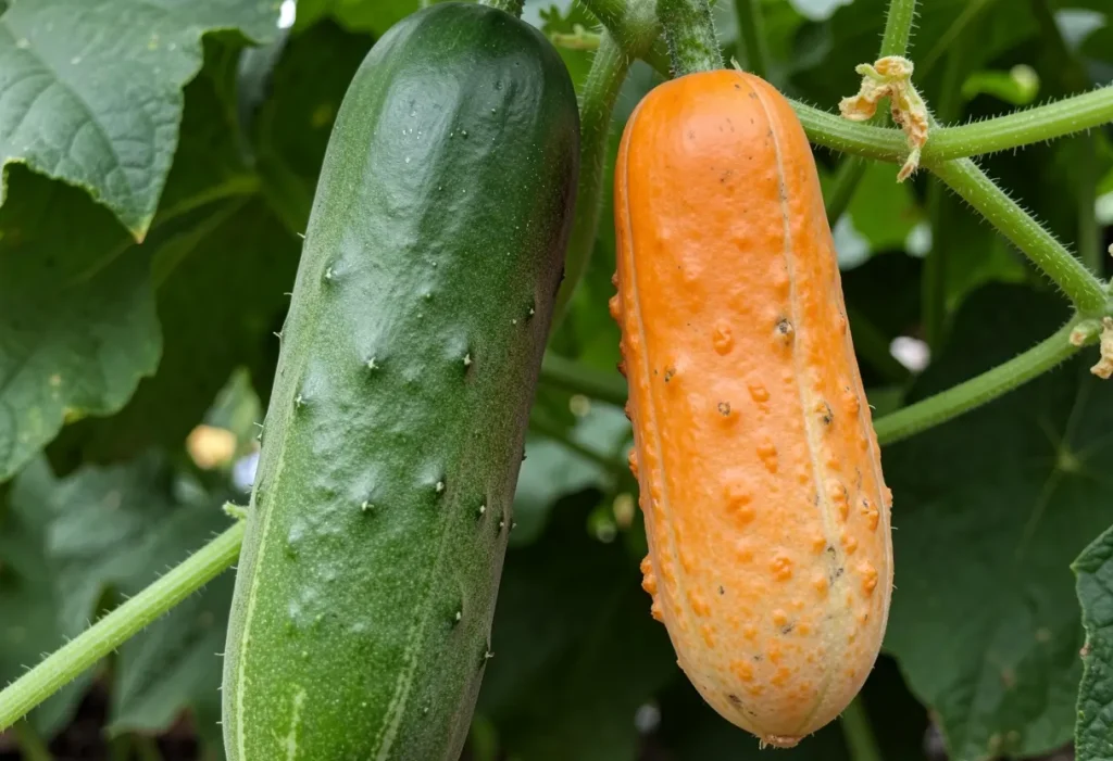 Why are My Cucumbers Orange close-up of discolored cucumber in garden