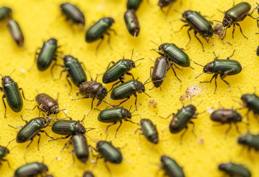 Yellow Sticky Traps for Cucumber Beetles catching pests on plant leaves