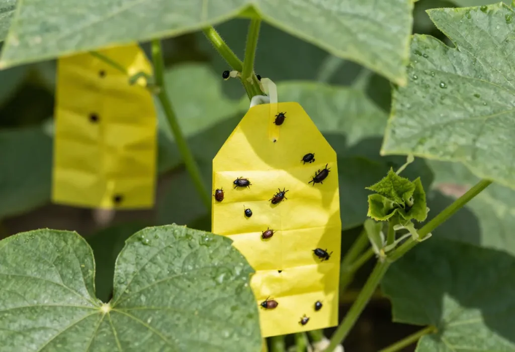 Organic pest control with Yellow Sticky Traps for Cucumber Beetles in garden