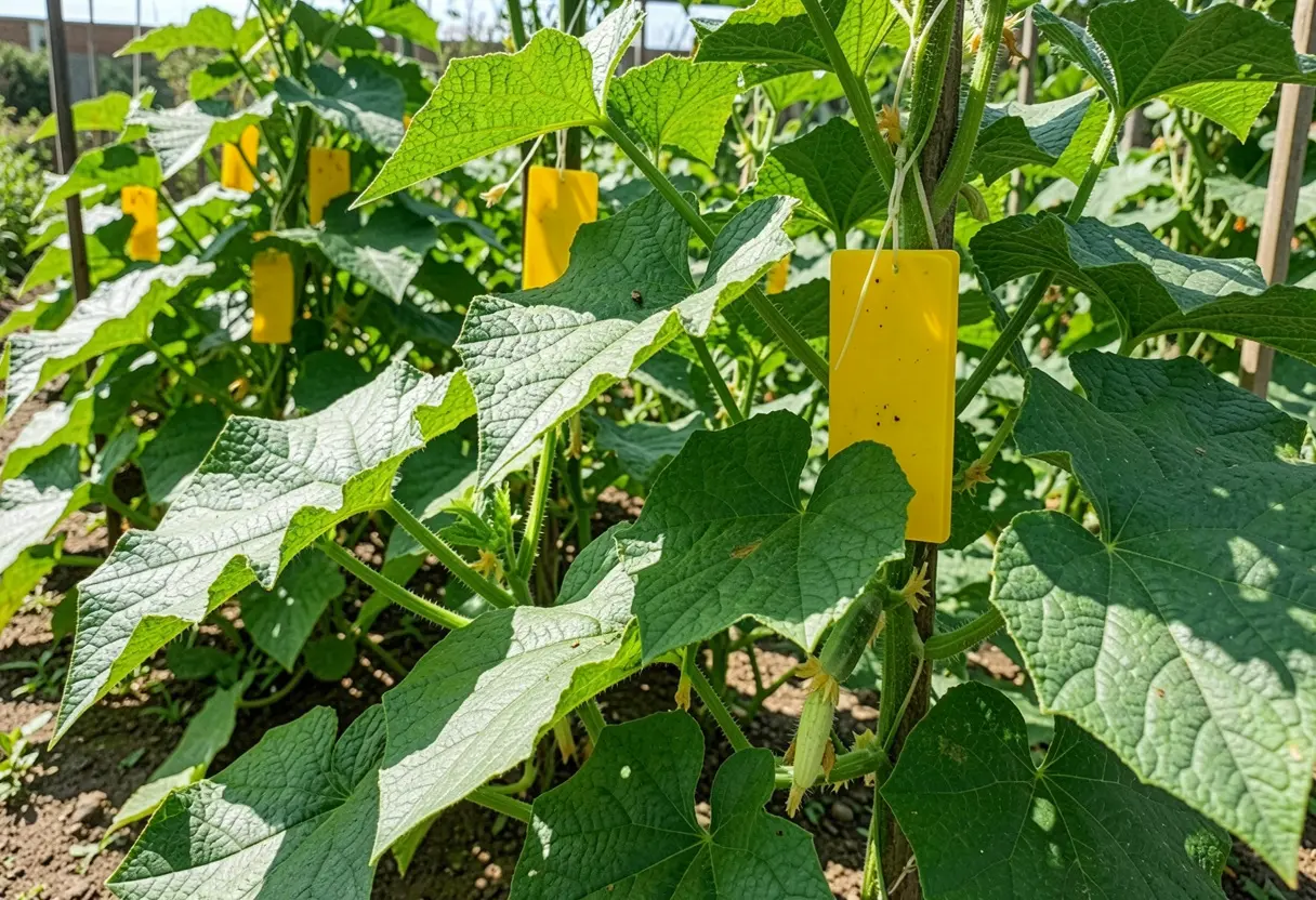 Yellow Sticky Traps for Cucumber Beetles placed in vegetable garden for pest control