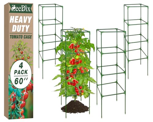 ZeeDix 4 Pack Tomato Cages for Garden 60 Inches, Heavy Duty Square Adjustable Tomato Trellis Cage Climbing Plant Support Trellis Plant Cages for Climbing Vegetables Flowers with 40Pcs Clips