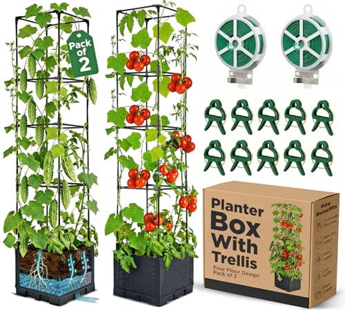 Growia 2 Pack Tomato Planter with Trellis 43 Inch, Self Watering Planter Box with Trellis, Vertical Raised Garden Bed Planter for Climbing Vegetables Indoor Outdoor Patio