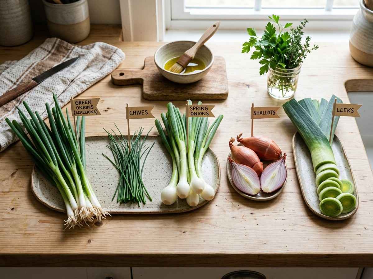 Alternative for Green Onions showing chives leeks and scallions on kitchen table
