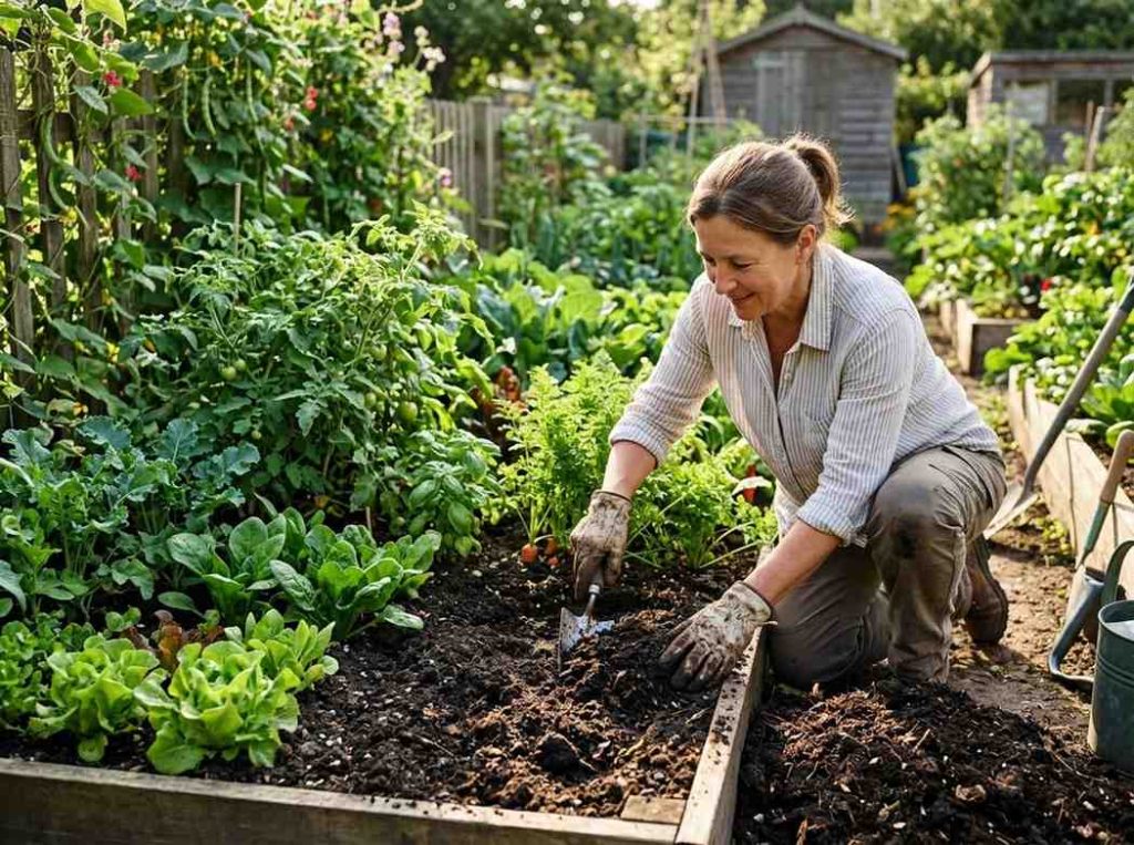 Benefits of Mushroom Compost showing rich organic compost added to garden soil
