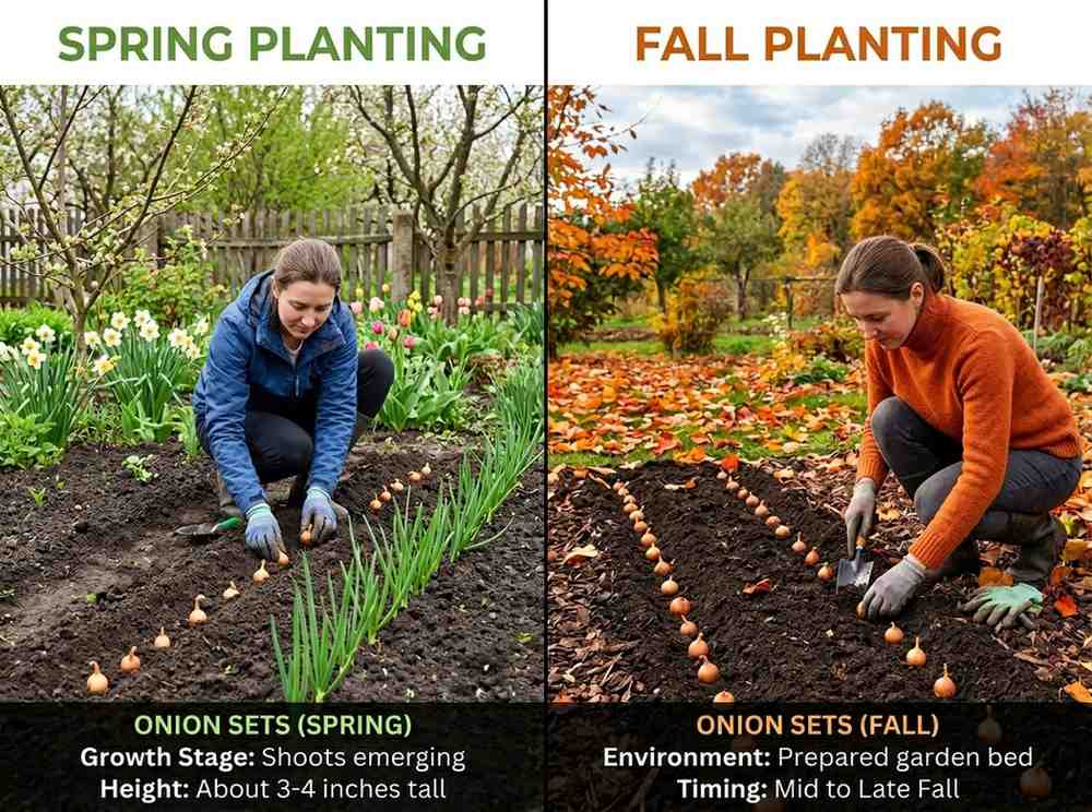 Best Time to Plant Onion Sets showing onion sets planted in early season garden