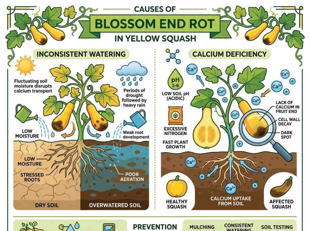 Blossom End Rot on Yellow Squash caused by calcium deficiency and uneven watering