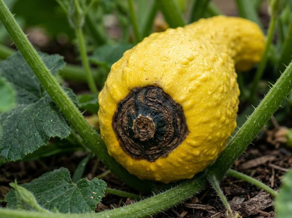 Blossom End Rot on Yellow Squash affecting healthy fruit development in garden